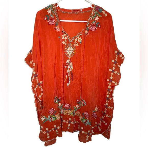 Johnny Was Orange Coral Dakota Embroidered TieNeck Poncho Top Size Medium Floral - Picture 10 of 10